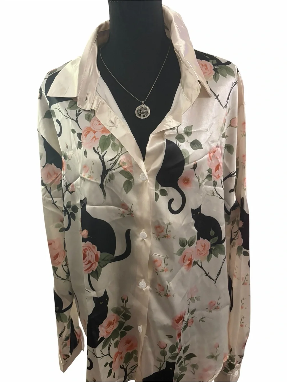 Black Cat & Floral Satin Button-Up Blouse Women's XL